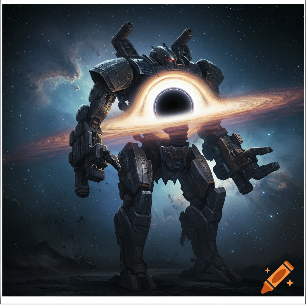 A massive dark robot with glowing red eyes and a swirling black hole in its chest stands in deep space, surrounded by stars and nebulae.