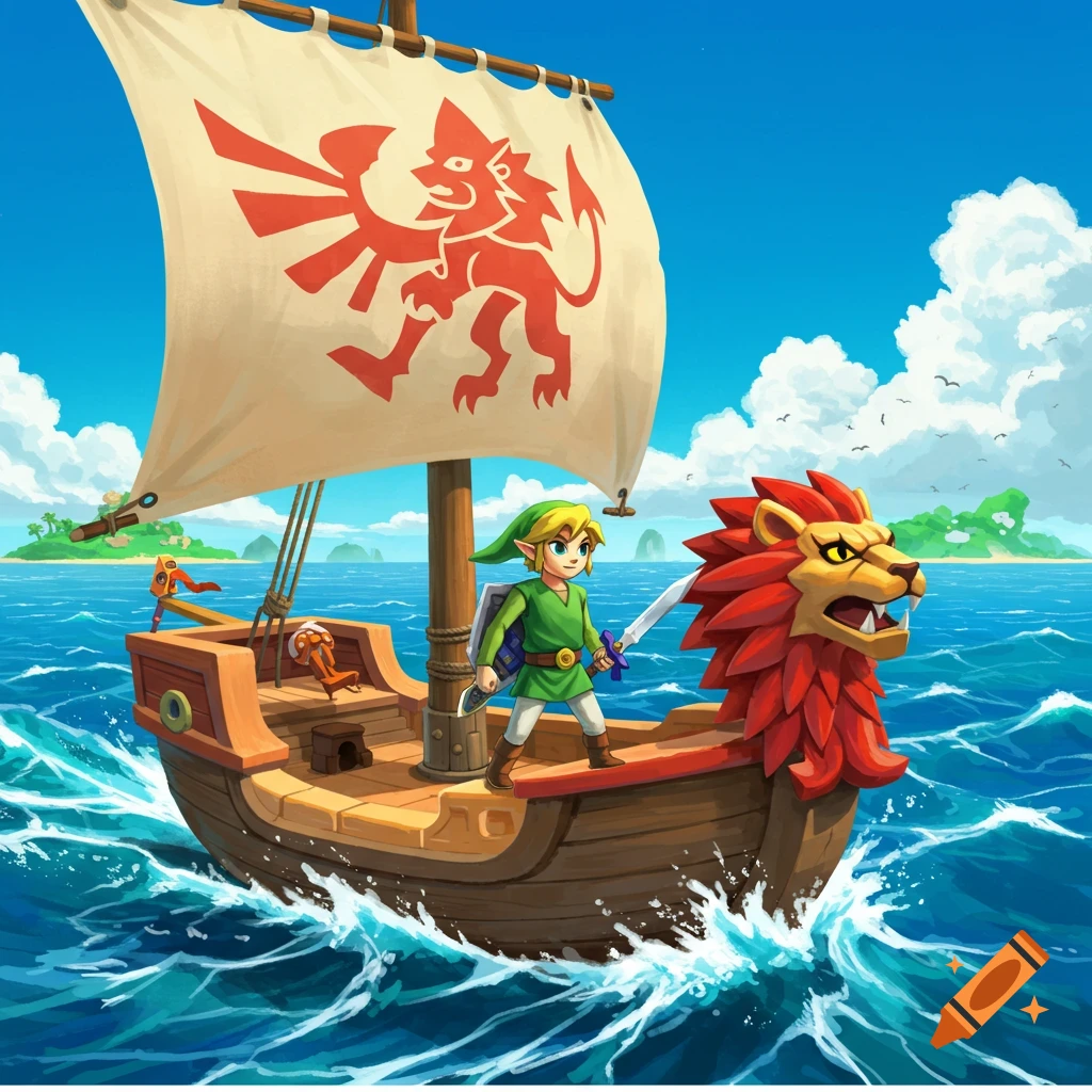 Link from Legend of Zelda: Wind Waker sailing on the King of Red Lions boat across a blue ocean with islands.