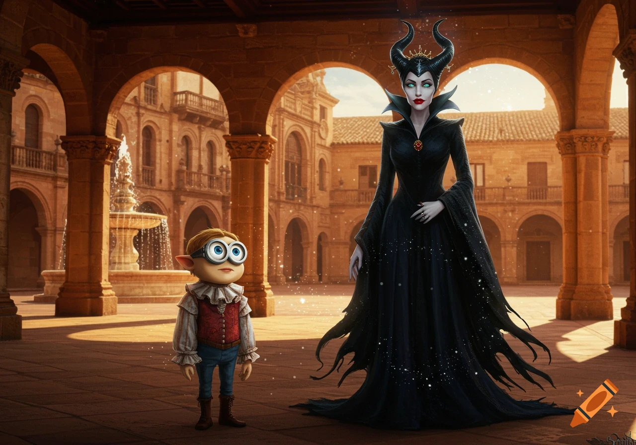 Maleficent and a Minion-like character in a Spanish-style plaza with arches and a fountain.