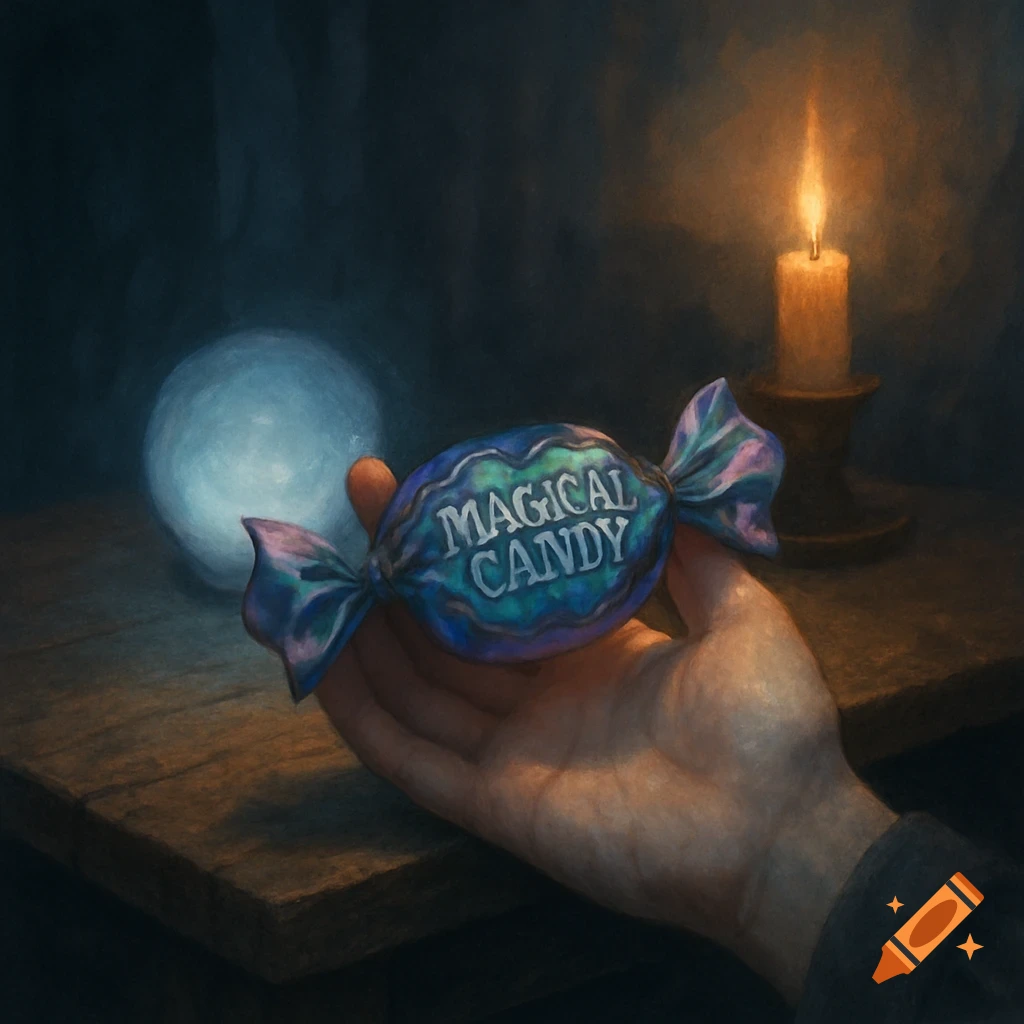 A hand holds a wrapped candy labeled 'MAGICAL CANDY', with a glowing orb and a lit candle in a dark, painterly scene.