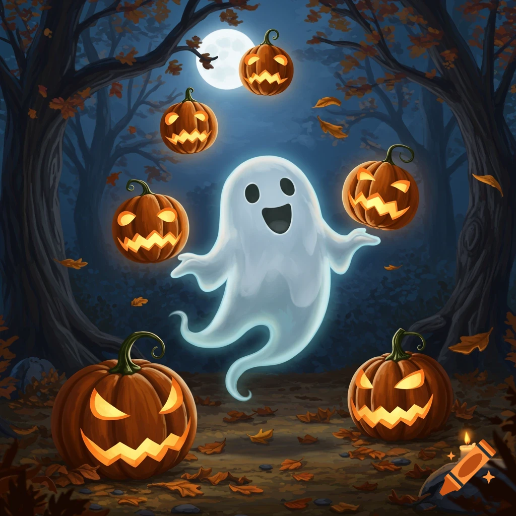 A cute, glowing ghost juggles carved jack-o-lanterns in a spooky forest under a full moon, with fallen leaves on the ground.