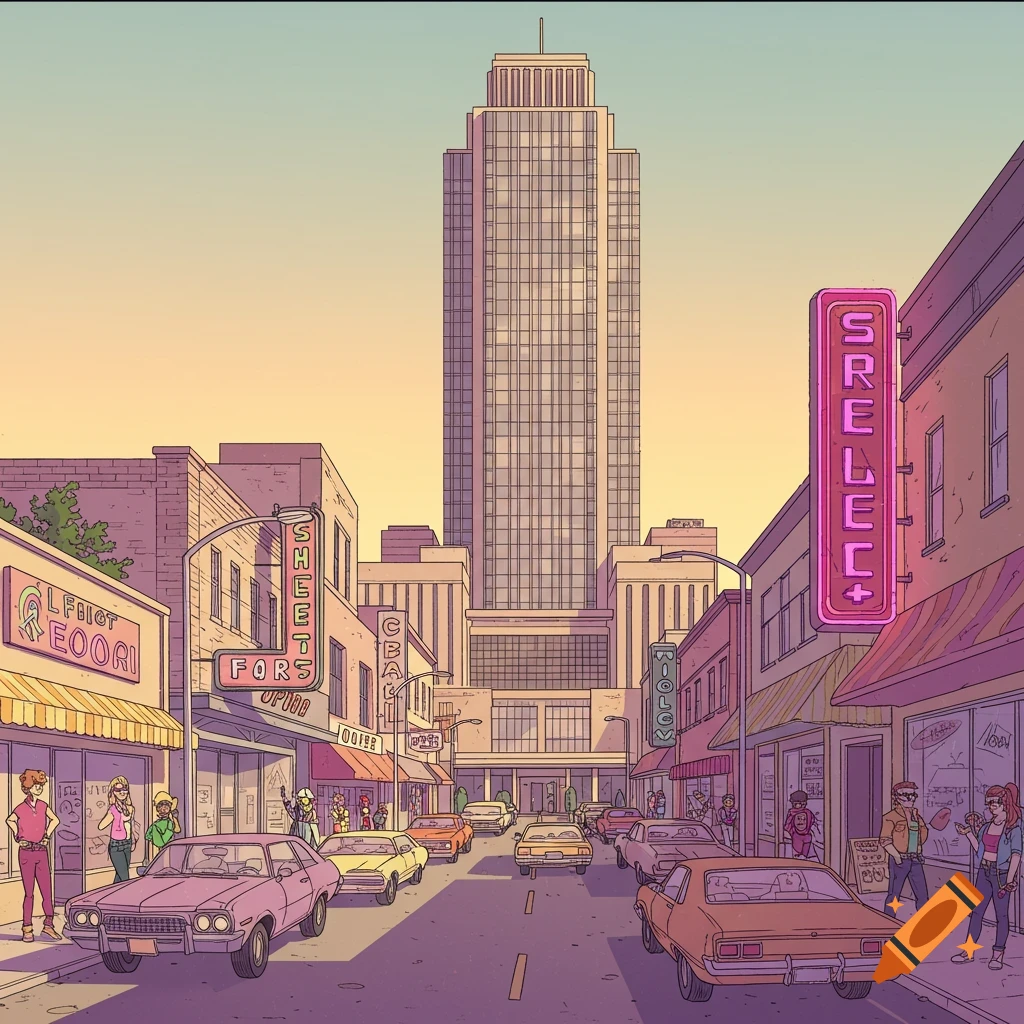 1980s comic book style illustration of a busy city street with cars, storefronts, and a large skyscraper at sunset.