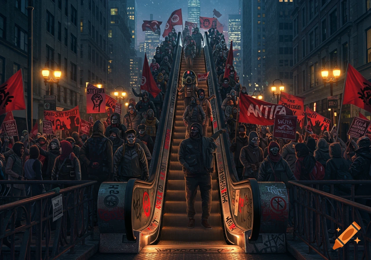 A large crowd of masked Antifa protestors with red flags and signs on a city escalator at night, surrounded by tall buildings.