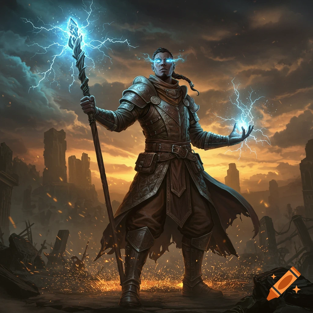 A powerful warrior-mage with glowing blue eyes casts lightning from a staff and hand, standing in a destroyed, fiery city at dusk.