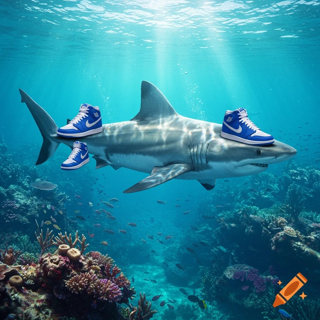 A photorealistic image of a great white shark swimming underwater near a coral reef, with three blue and white Air Jordan sneakers on its back.