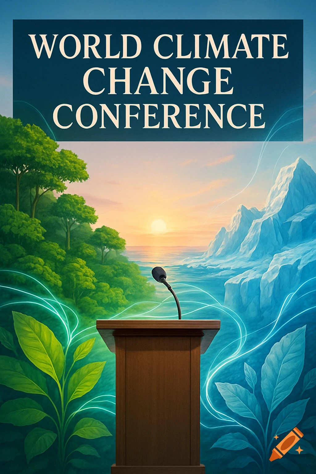 Stylized poster for the World Climate Change Conference, showing a podium with microphone against forests, ocean, sunset, and icy mountains.