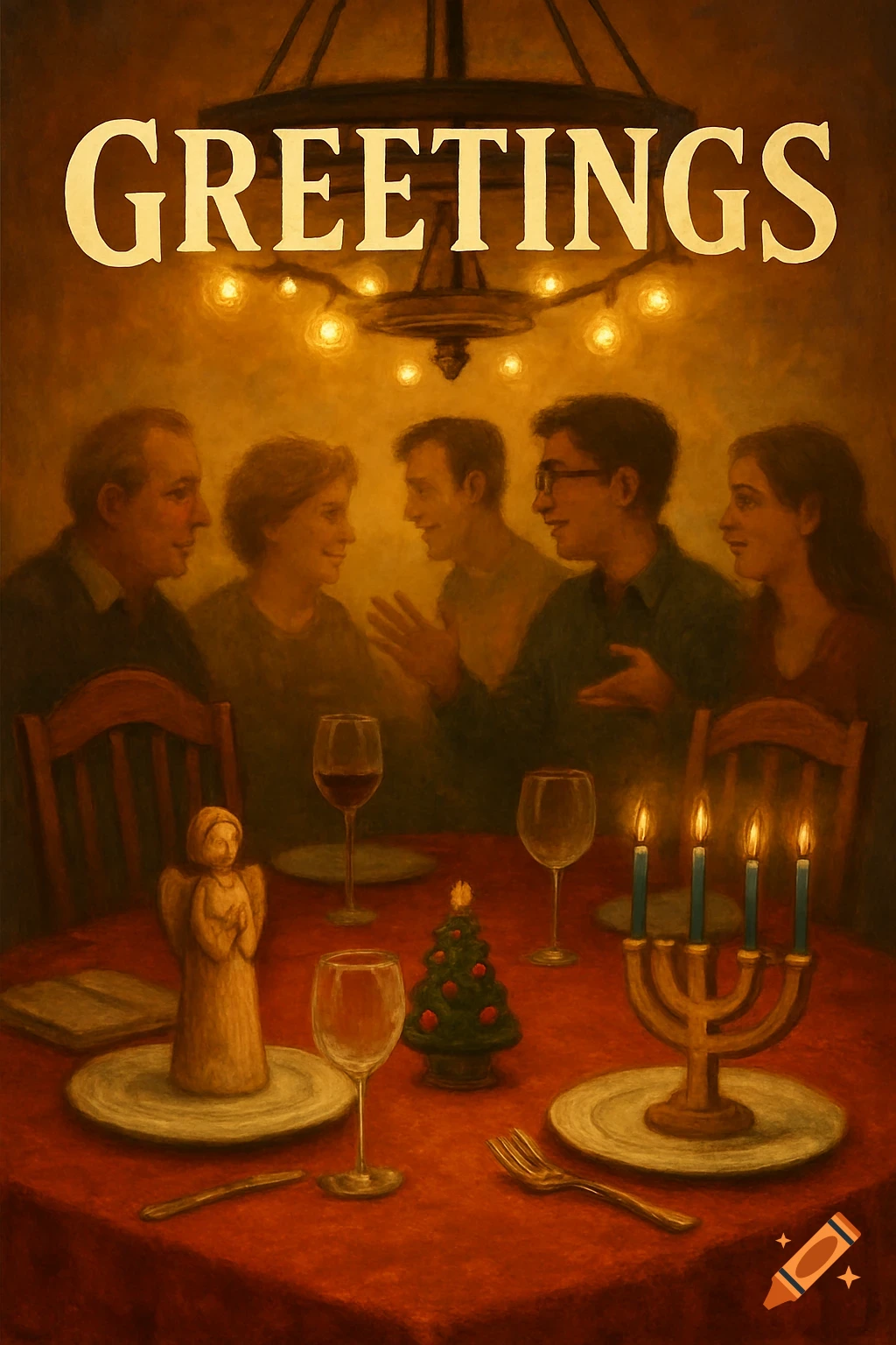 A warm, painterly family dinner scene with a menorah, Christmas tree, and angel on the table. The word 'GREETINGS' is above.