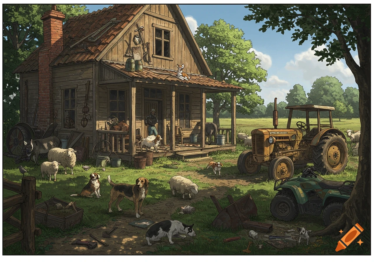 An illustration of a rustic farmhouse, a man on the porch, dogs, sheep, a donkey, and a cat. A vintage tractor and ATV are in the yard.
