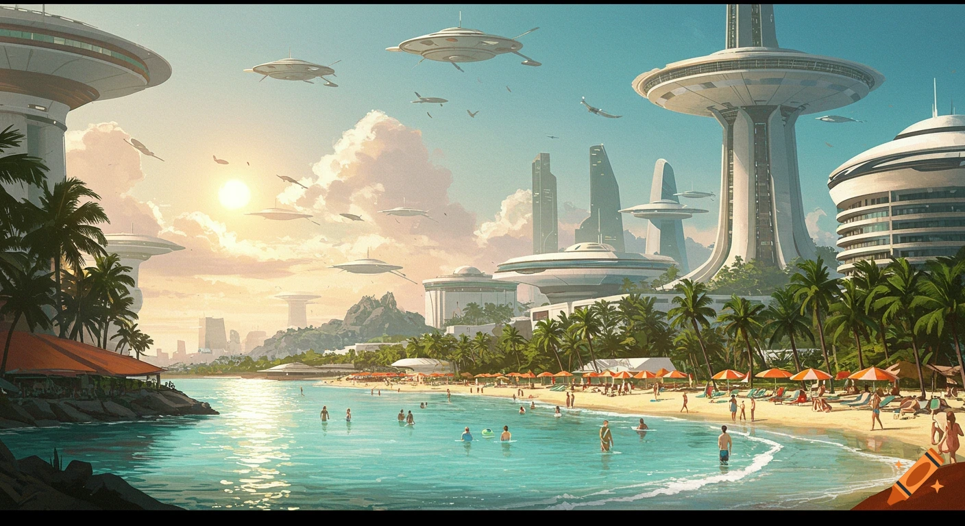 A vibrant retro-futuristic beach resort with people swimming and relaxing under orange parasols. Flying saucers hover above utopian-style round towers and palm trees at sunset.