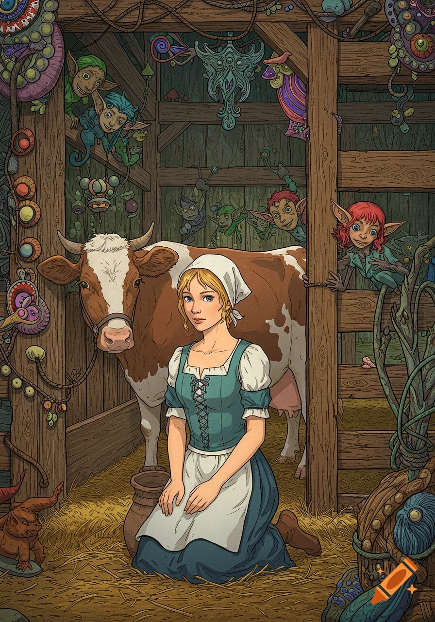 An Art-Nouveau fantasy illustration of a milkmaid kneeling beside a cow in a rustic barn, while mischievous goblins peek from the shadows.