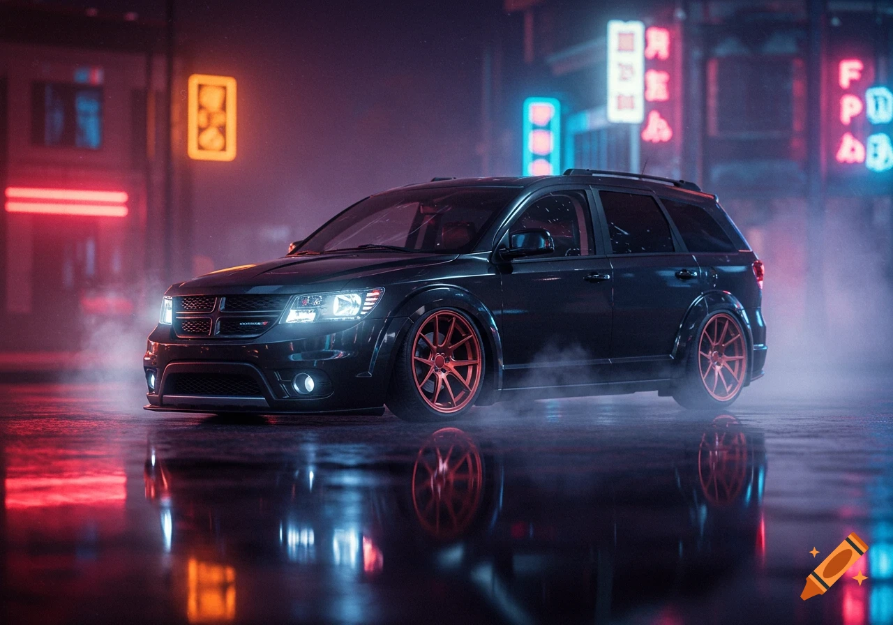 A lowered black Dodge Journey with bronze wheels reflects on a wet city street at night, illuminated by neon signs.