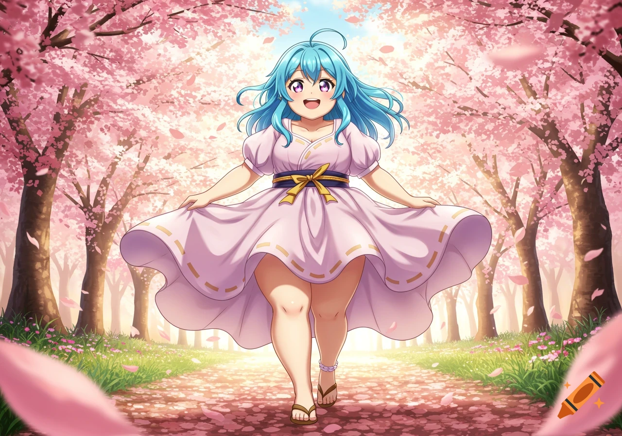 An anime girl with blue hair in a pink dress walks happily along a path lined with blooming cherry blossom trees.