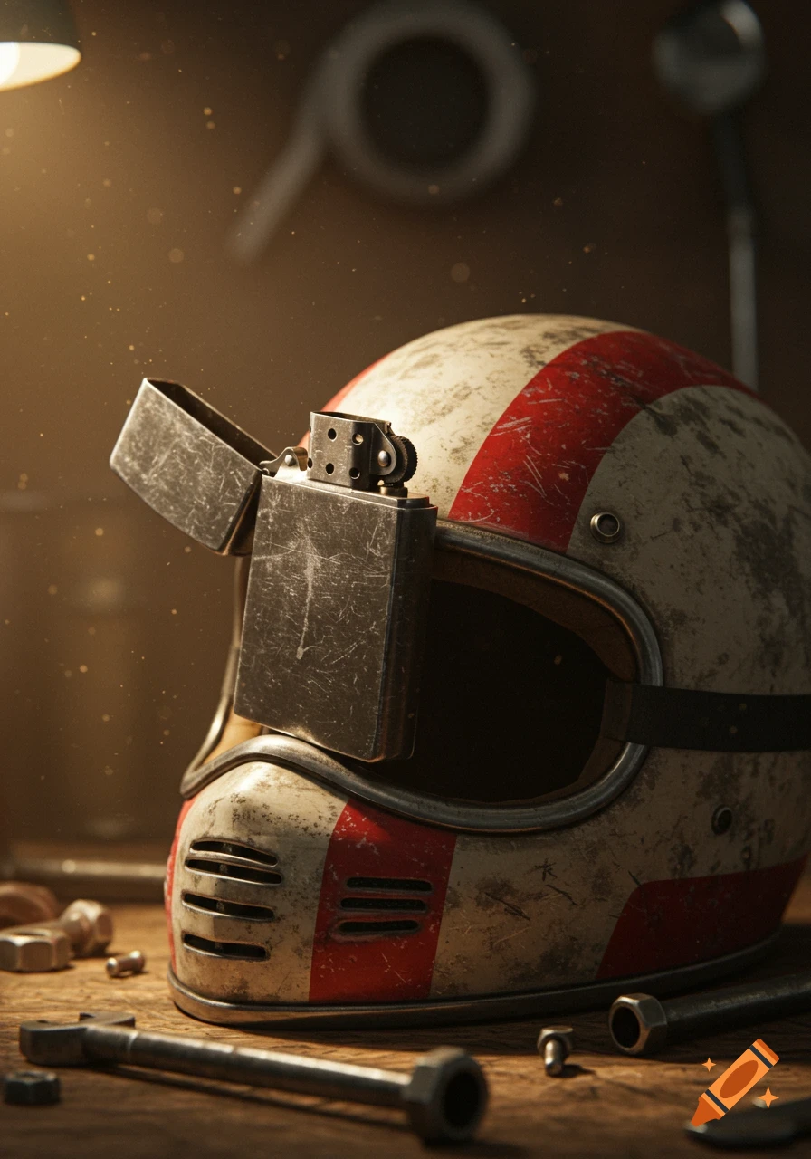 Photorealistic close-up of a scratched motorcycle helmet with a red stripe and an open metal lighter, surrounded by tools.