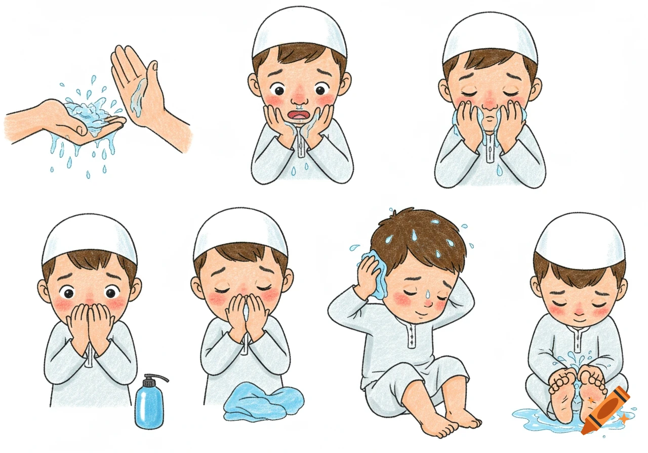 Cartoon illustration of a Muslim boy performing Wudu, showing steps like washing hands, face, arms, head, ears, and feet.