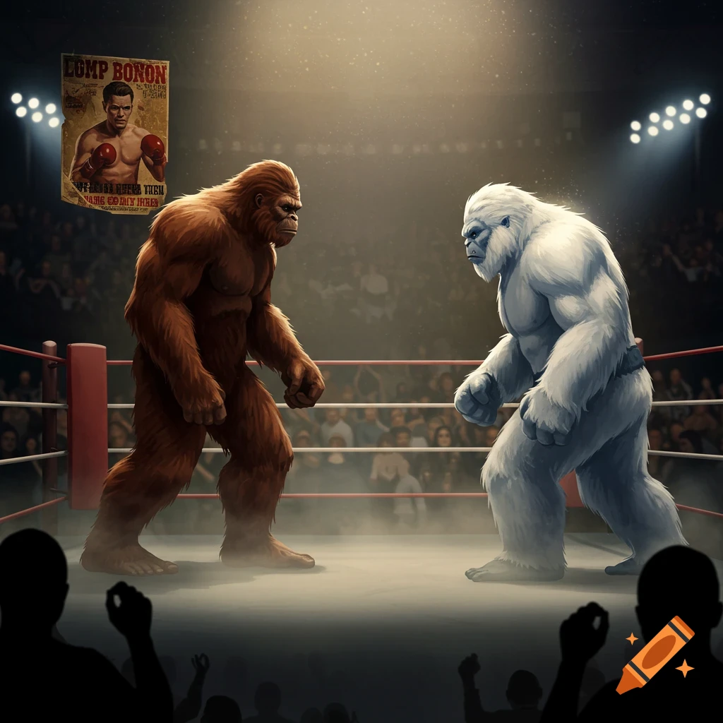 A brown Bigfoot and a white Yeti square off in a brightly lit boxing ring before a large crowd, digital illustration.