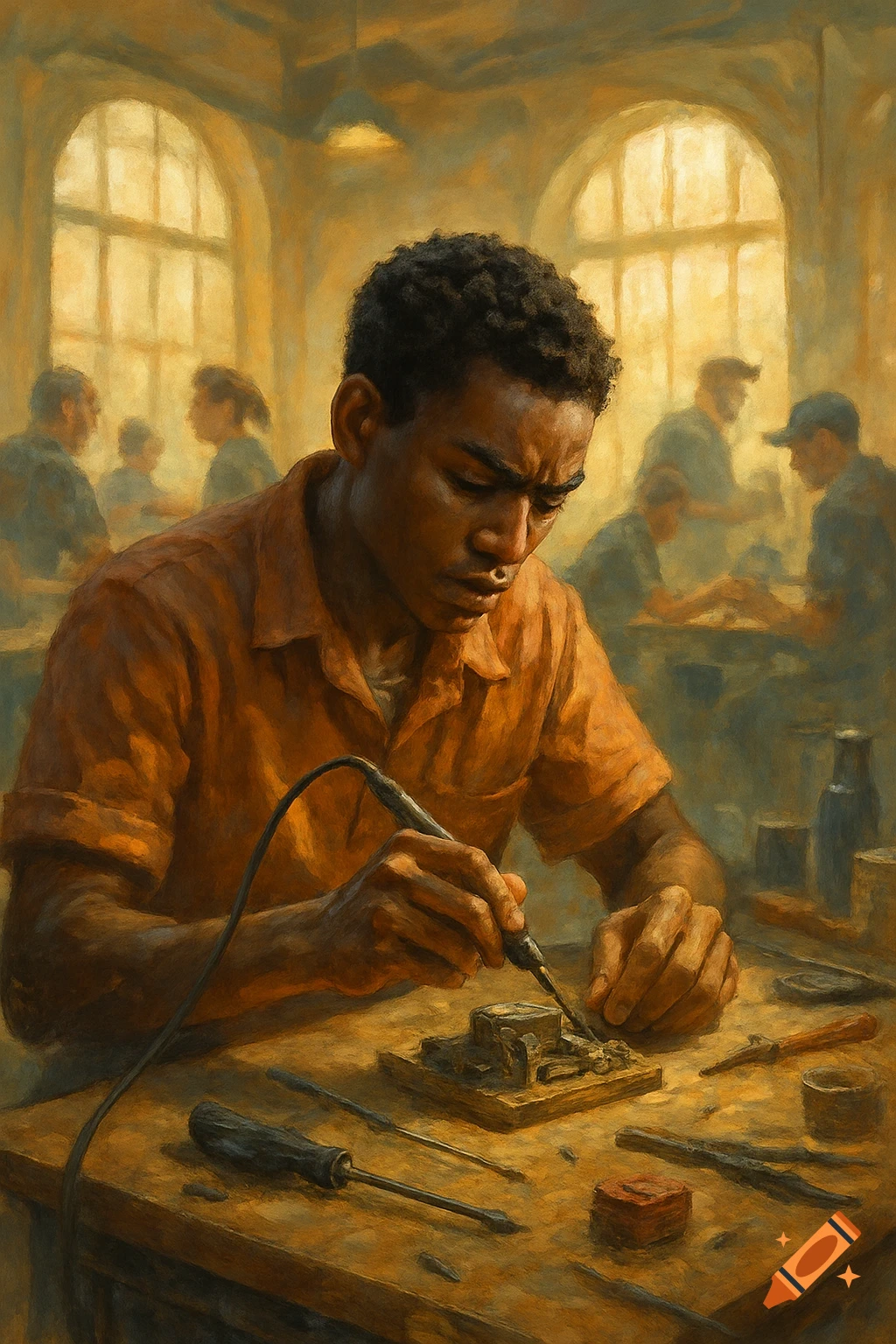 An oil painting of a man intently soldering at a workbench in a warm-toned workshop.