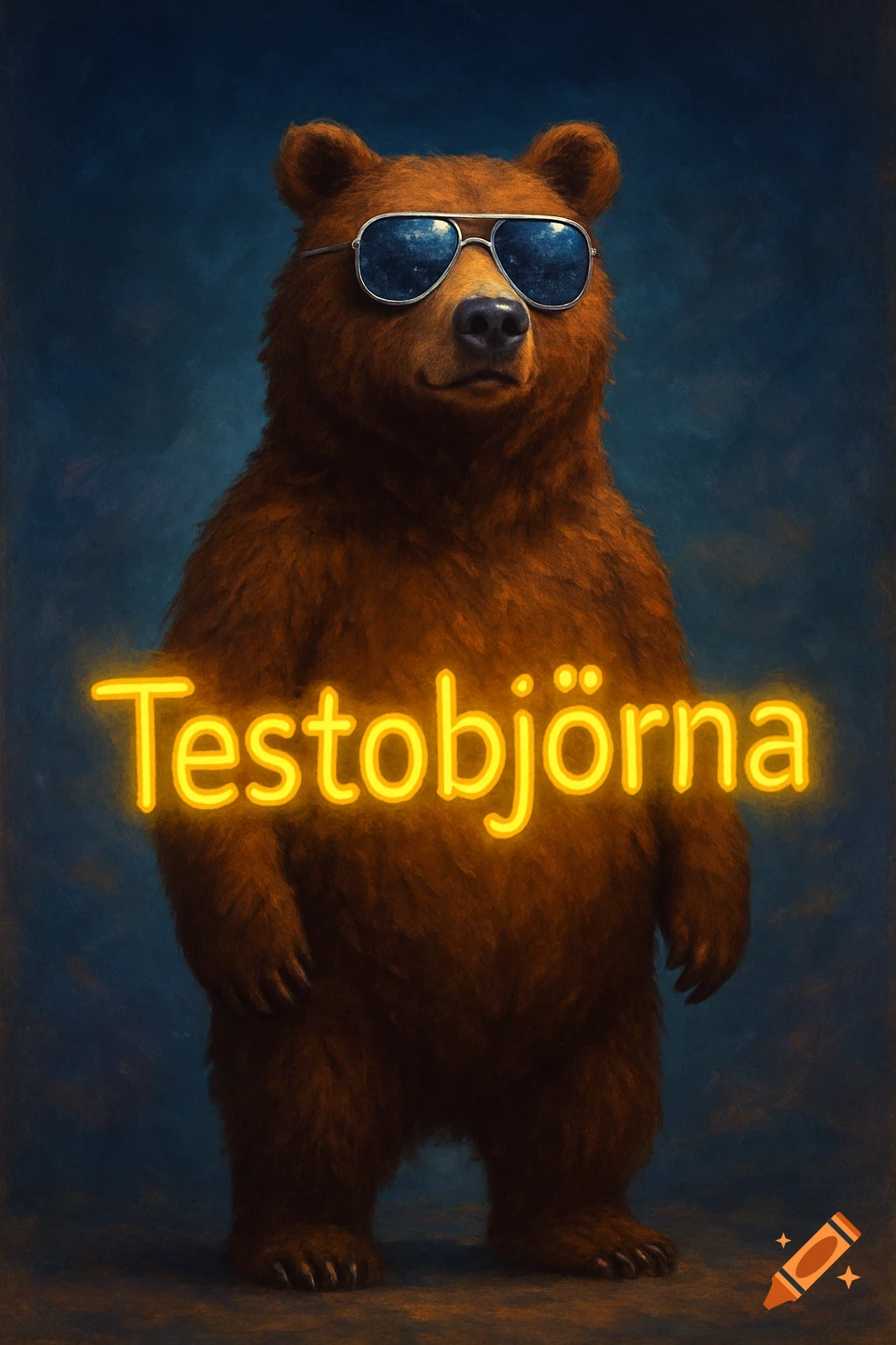 A brown bear wearing aviator sunglasses stands against a dark blue background, with glowing yellow text "Testobjörna" across its chest.