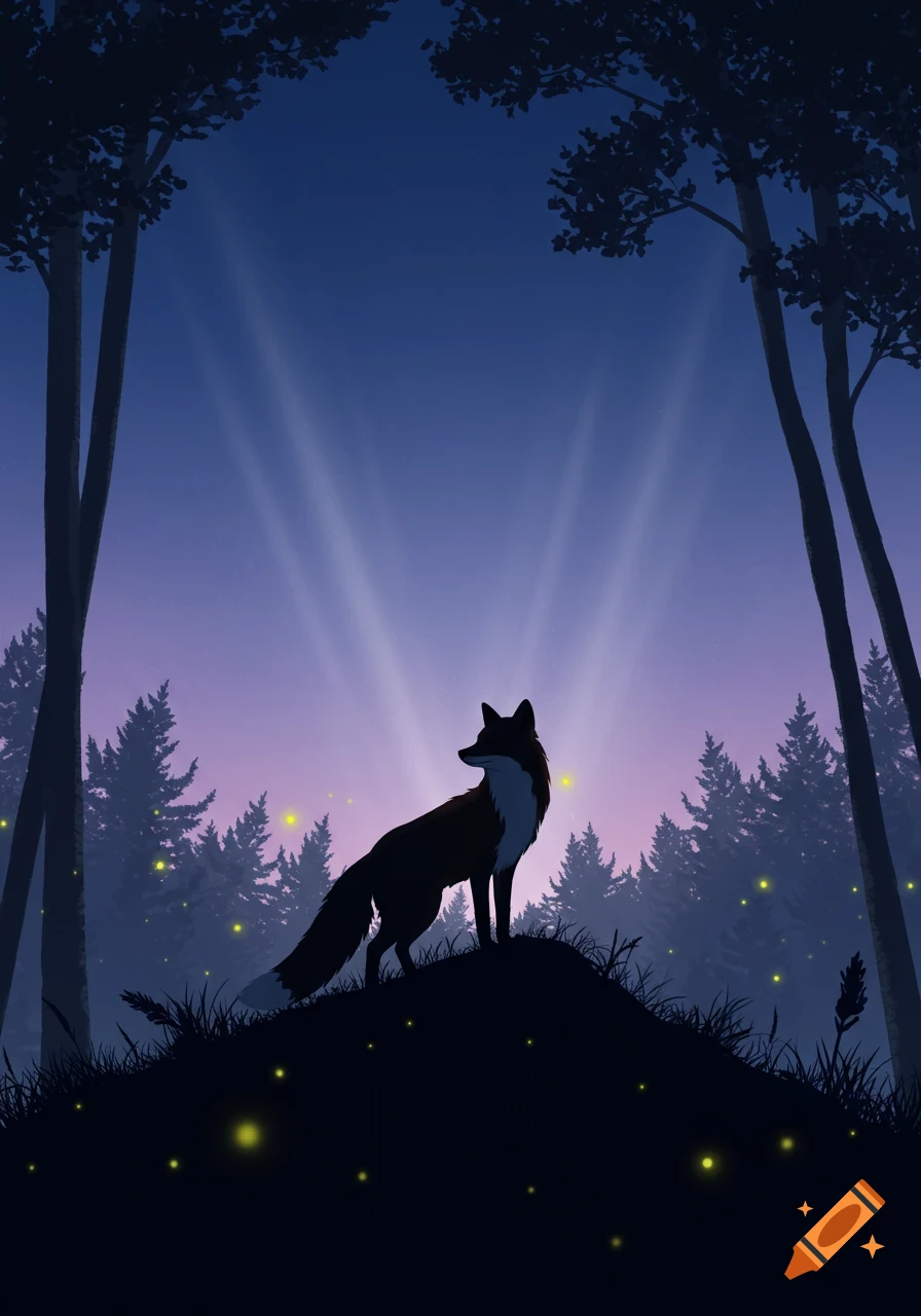 A stylized illustration of a fox silhouette on a hill in a dark forest with a purple sky, light rays, and fireflies.