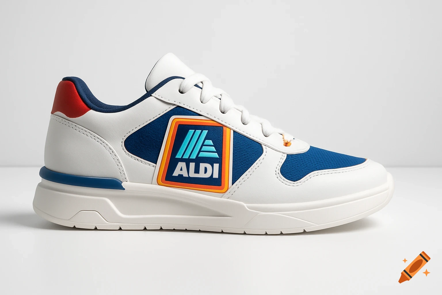 A photorealistic image of a white and blue sneaker featuring the ALDI logo on its side, against a plain white background.