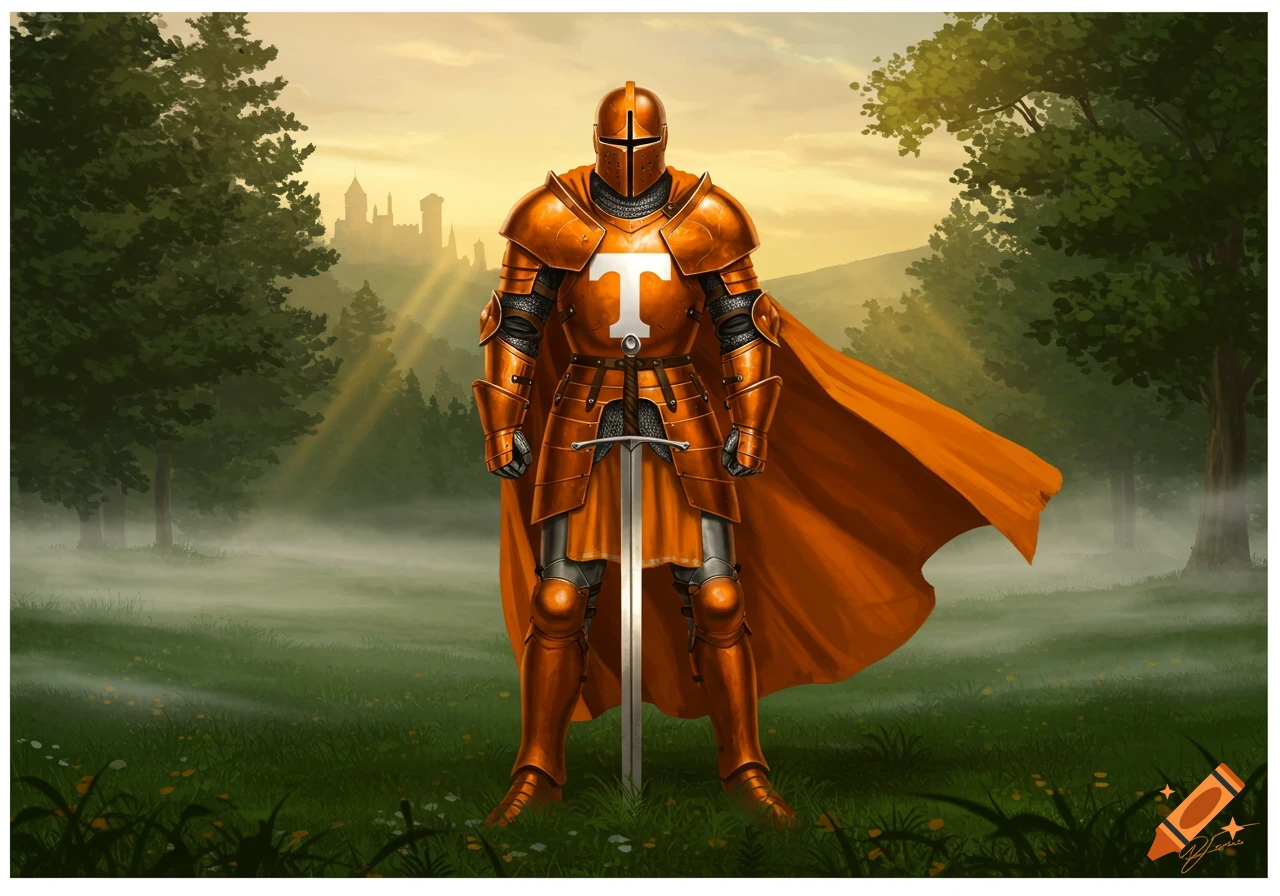 A knight in gleaming orange armor with a white 'T' on the chest stands prominently in a misty forest, with a castle visible in the background.