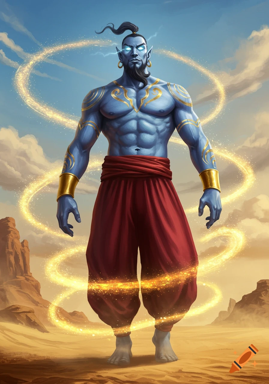 Muscular blue genie with gold tattoos and red pants stands in a desert surrounded by sparkling golden magic.
