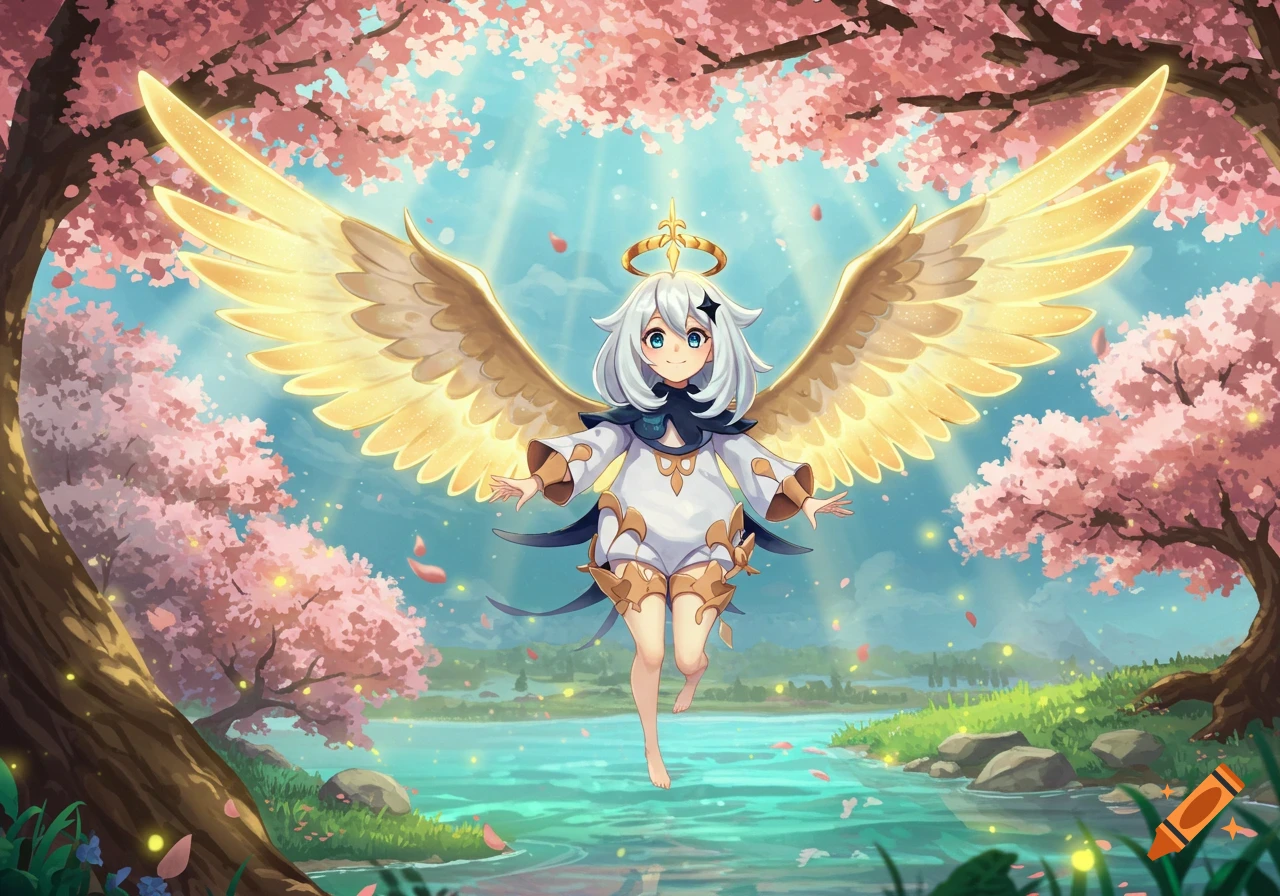 Anime character Paimon with golden wings floats over turquoise water amidst pink cherry blossom trees under a bright sky.