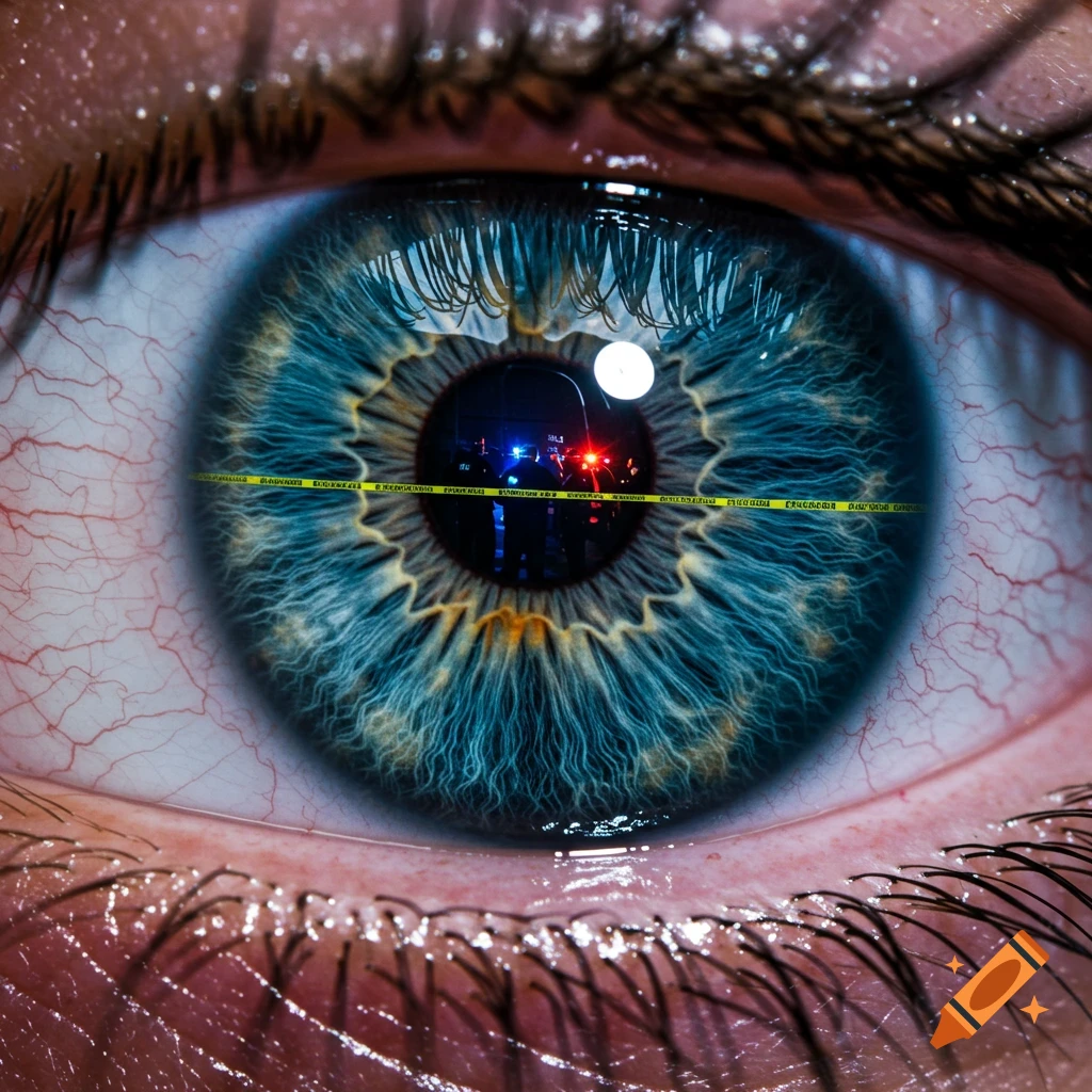 Hyper-realistic close-up of a blue eye with prominent red veins, reflecting a crime scene with police lights and yellow tape in its pupil.