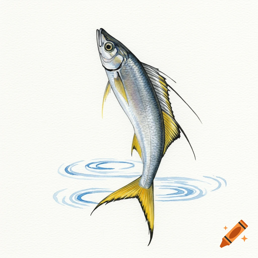 A watercolor illustration of a slender gray fish with a yellow tail leaping out of water against a white background.
