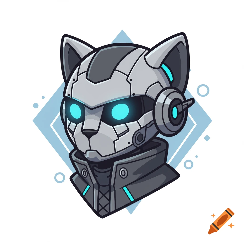 A stylized robot cat head with glowing blue eyes and metallic gray armor, in a clean 2D cartoon style.