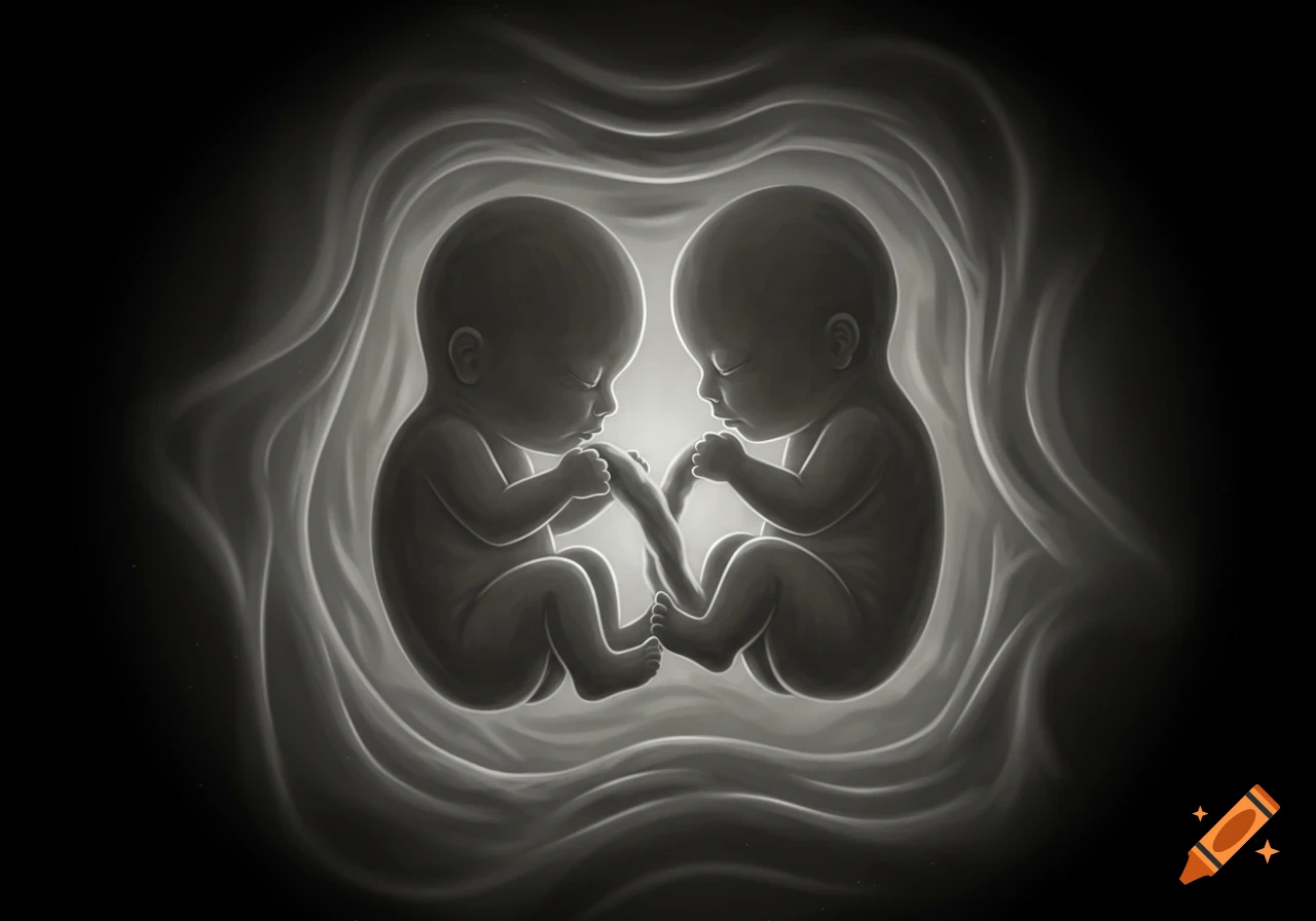 Grayscale illustration of two fetuses in a womb-like environment, resembling a sonogram.