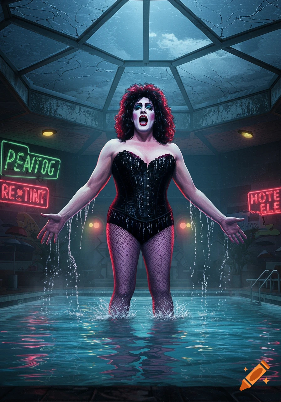 A person in drag makeup, a black corset, and fishnets stands in a dark pool, arms outstretched, under a broken skylight with neon signs.