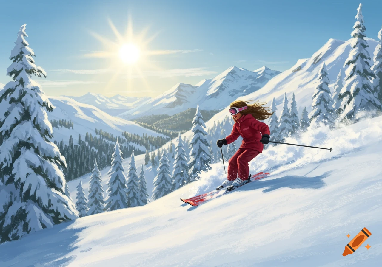 A girl in a red snowsuit skis down a sunny, snow-covered mountain slope with pine trees in an illustrative style.