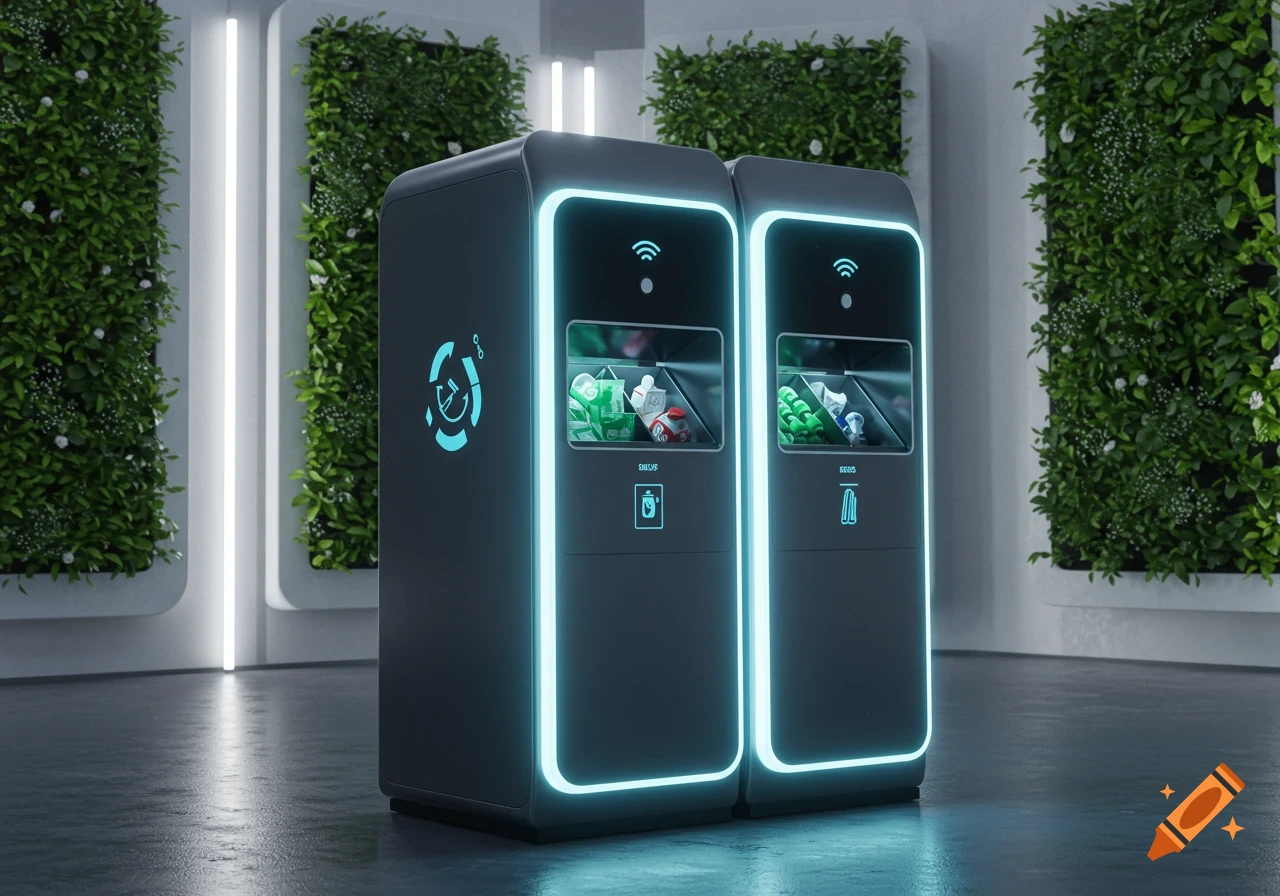 Two futuristic automatic sorting bins with glowing blue accents and green plant walls in a modern room.