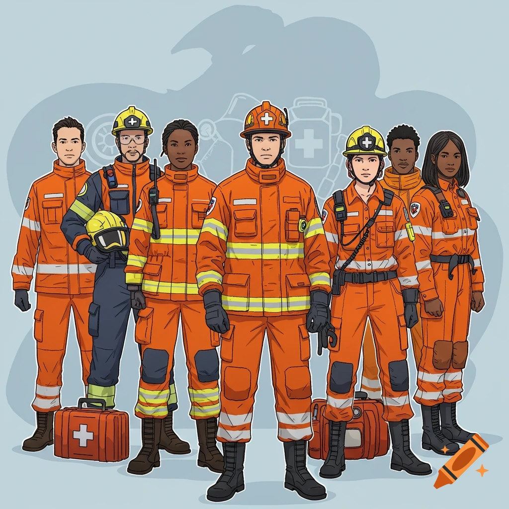 A diverse group of seven emergency responders wearing orange and yellow uniforms with helmets and medical bags in a stylized illustration.
