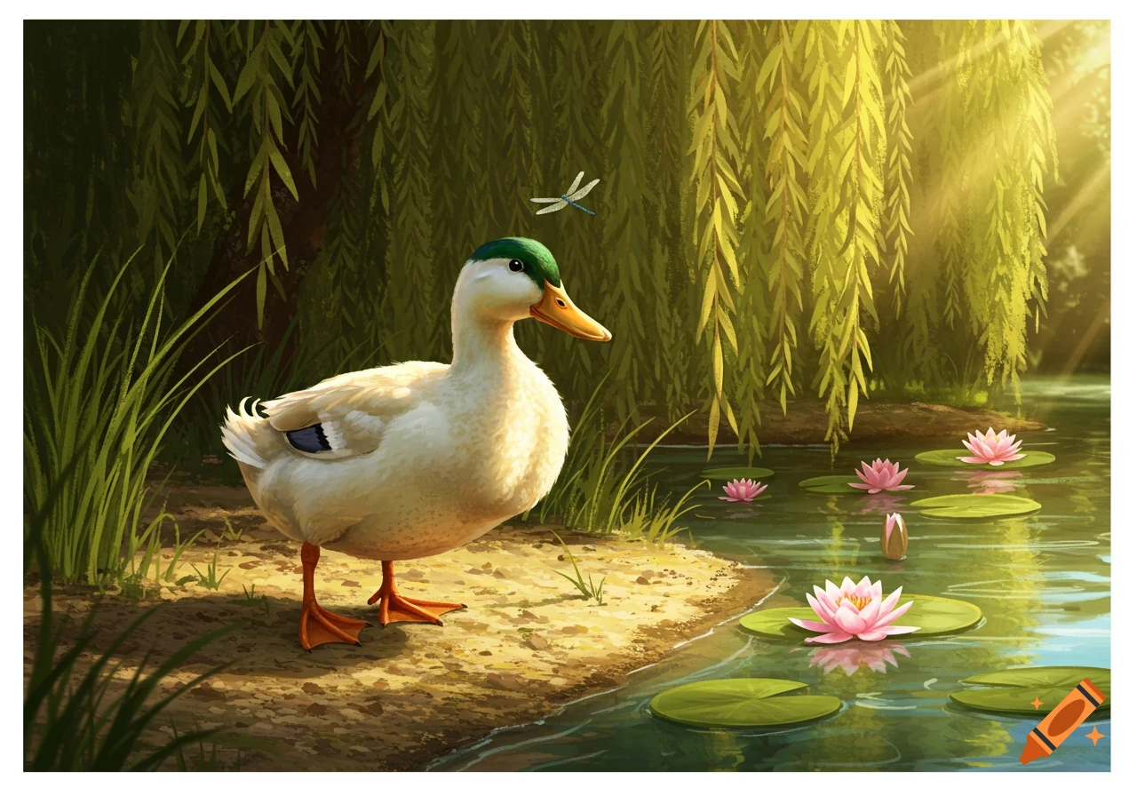 An illustrated white duck with a green head stands by a pond with pink water lilies under a willow tree with sun rays filtering through.