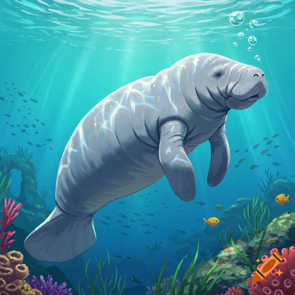 A stylized illustration of a manatee swimming underwater among colorful coral and small fish.