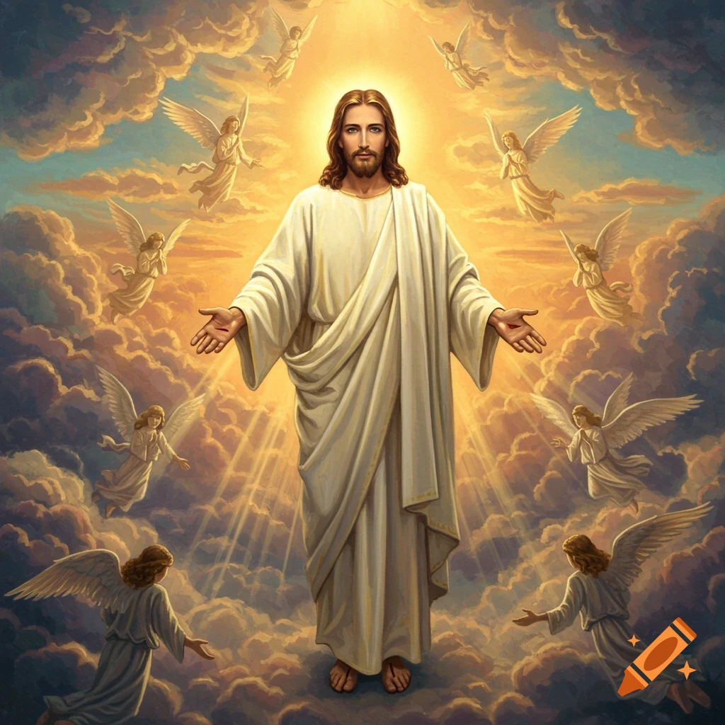 Jesus Christ in white robes stands with outstretched arms amidst bright golden clouds, surrounded by numerous angels.
