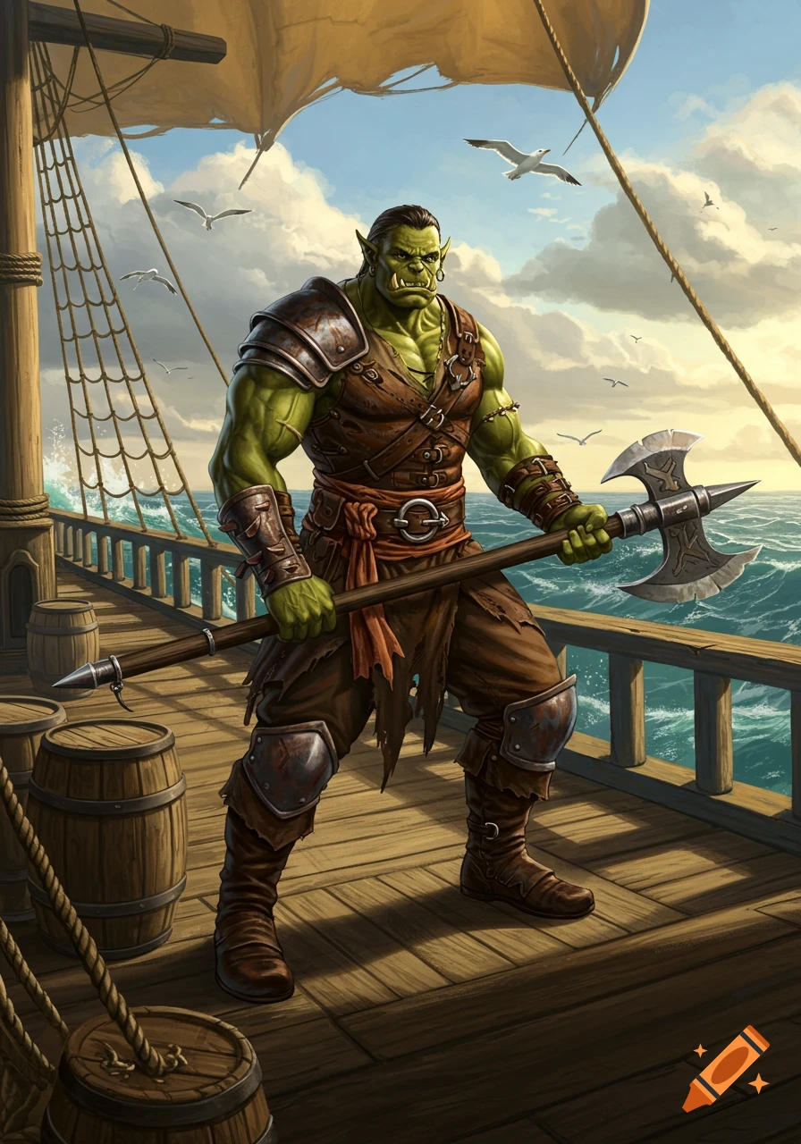 A muscular green orc in leather armor holding a double-bladed axe stands on the deck of a pirate ship.