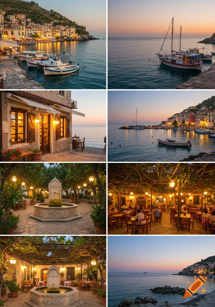 Collage of evening photos showing a picturesque coastal town with boats in a harbor, old buildings, and an outdoor restaurant.