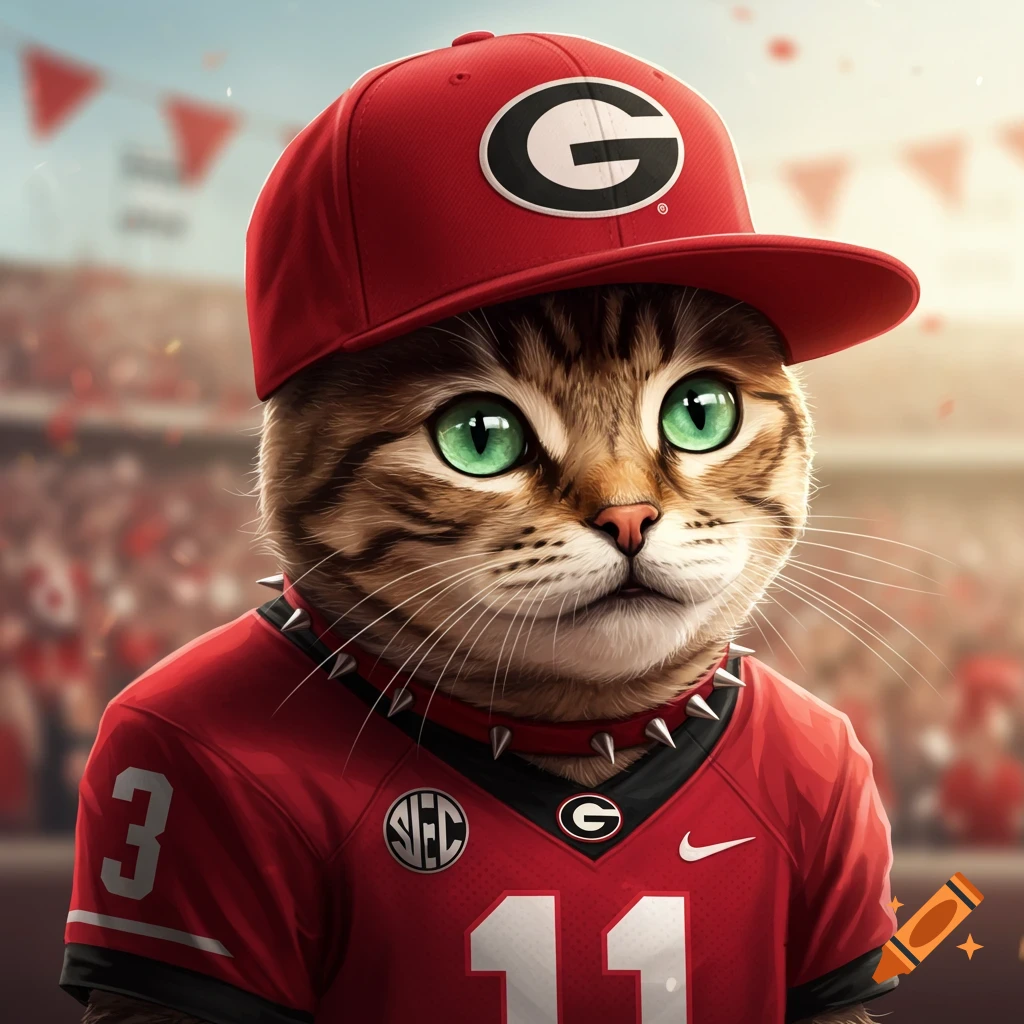 Stylized brown tabby cat with big green eyes in a red Georgia Bulldogs cap and jersey with a studded collar, in a stadium.