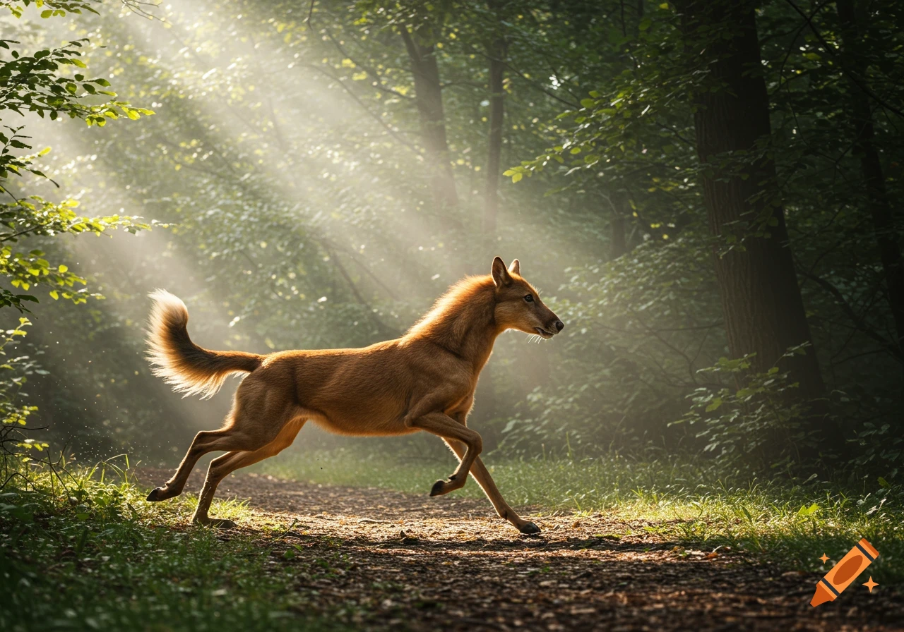 A photorealistic image of a wild dog-like quadruped running on a forest path with sunbeams shining through the trees.