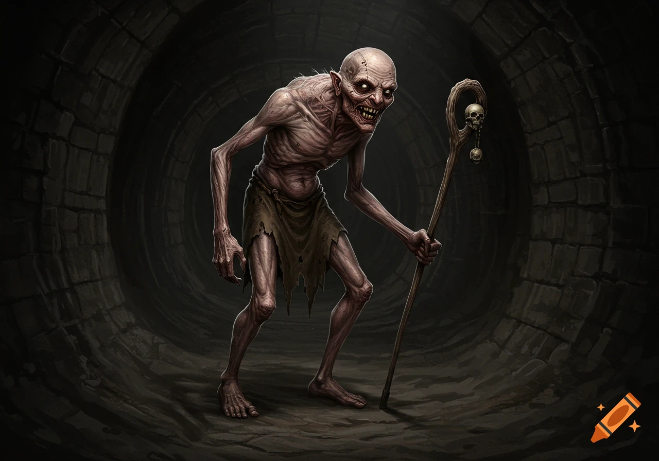 A gaunt, pale, bald creature with a wide grin and sharp teeth stands in a dark stone tunnel, holding a skull-adorned gnarled staff.