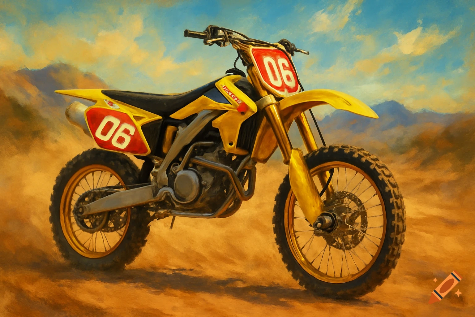 Yellow dirt bike with gold rims and red '06' number plates on a sandy track under a blue sky, painterly style.