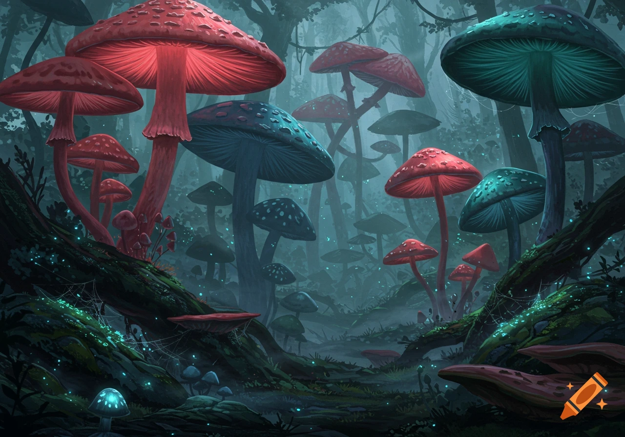 A vibrant fantasy forest scene filled with towering red and teal mushrooms, glowing with an ethereal light.