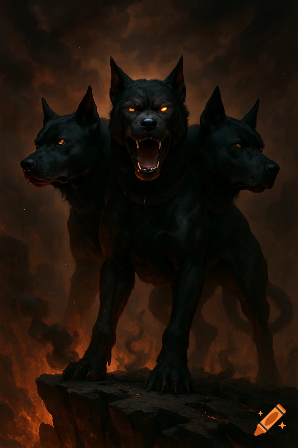 A dark fantasy illustration of a menacing three-headed black Cerberus with glowing eyes and bared teeth, standing on a rock amid flames and smoke.