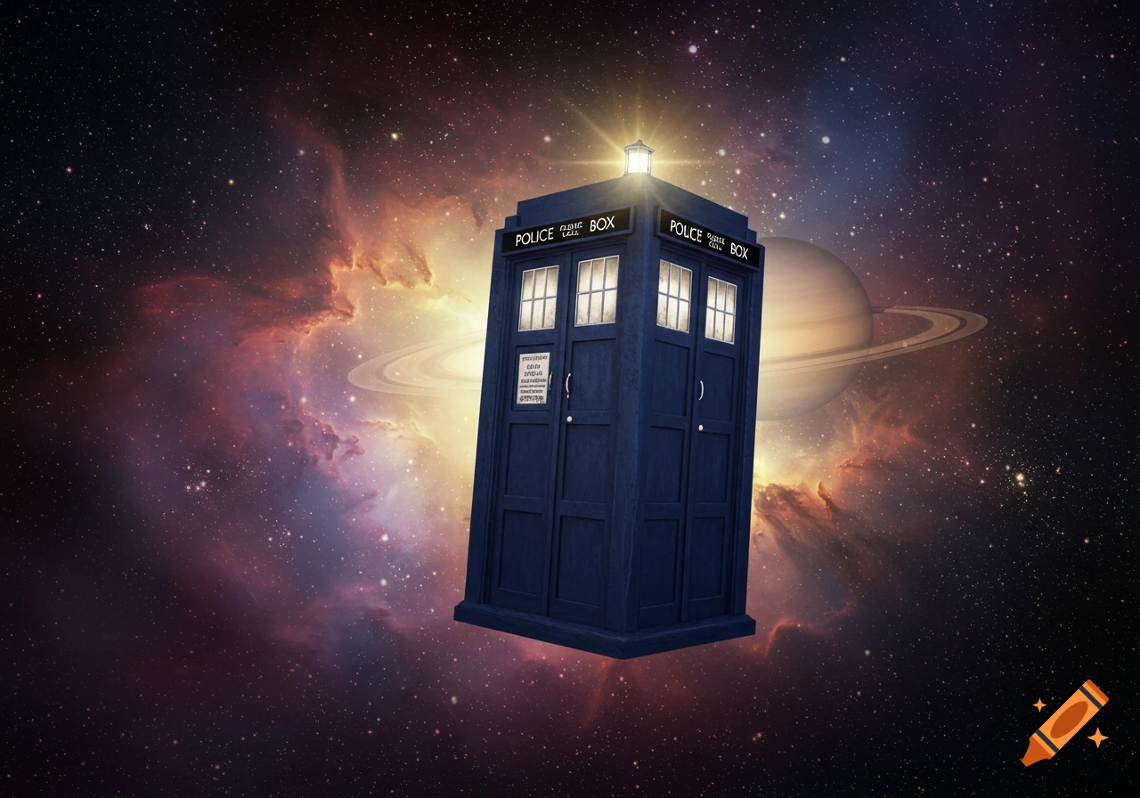 The TARDIS from Doctor Who floats in deep space, bathed in light from nebulae and a ringed planet.