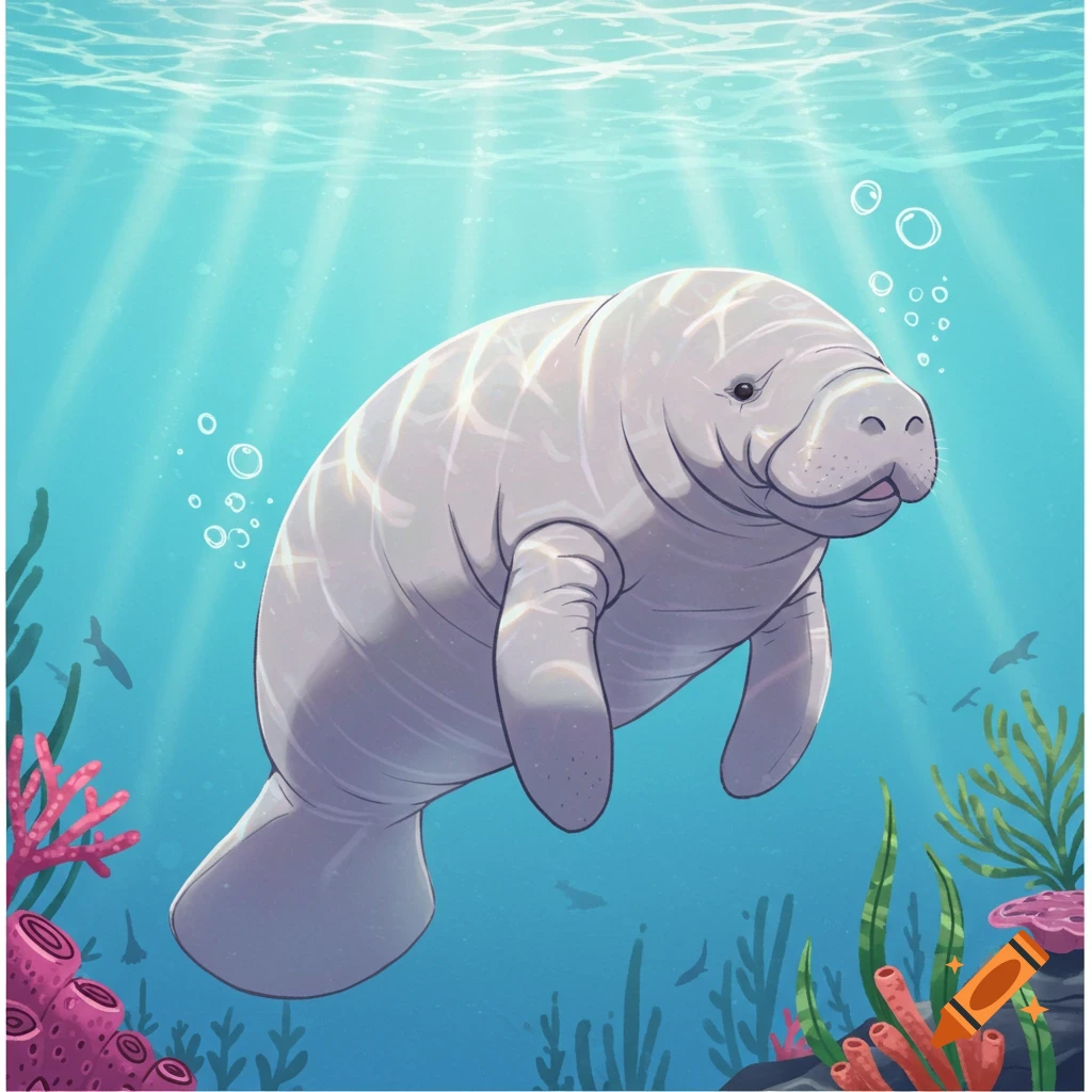 Stylized illustration of a manatee swimming underwater with sunlight, bubbles, and colorful coral.