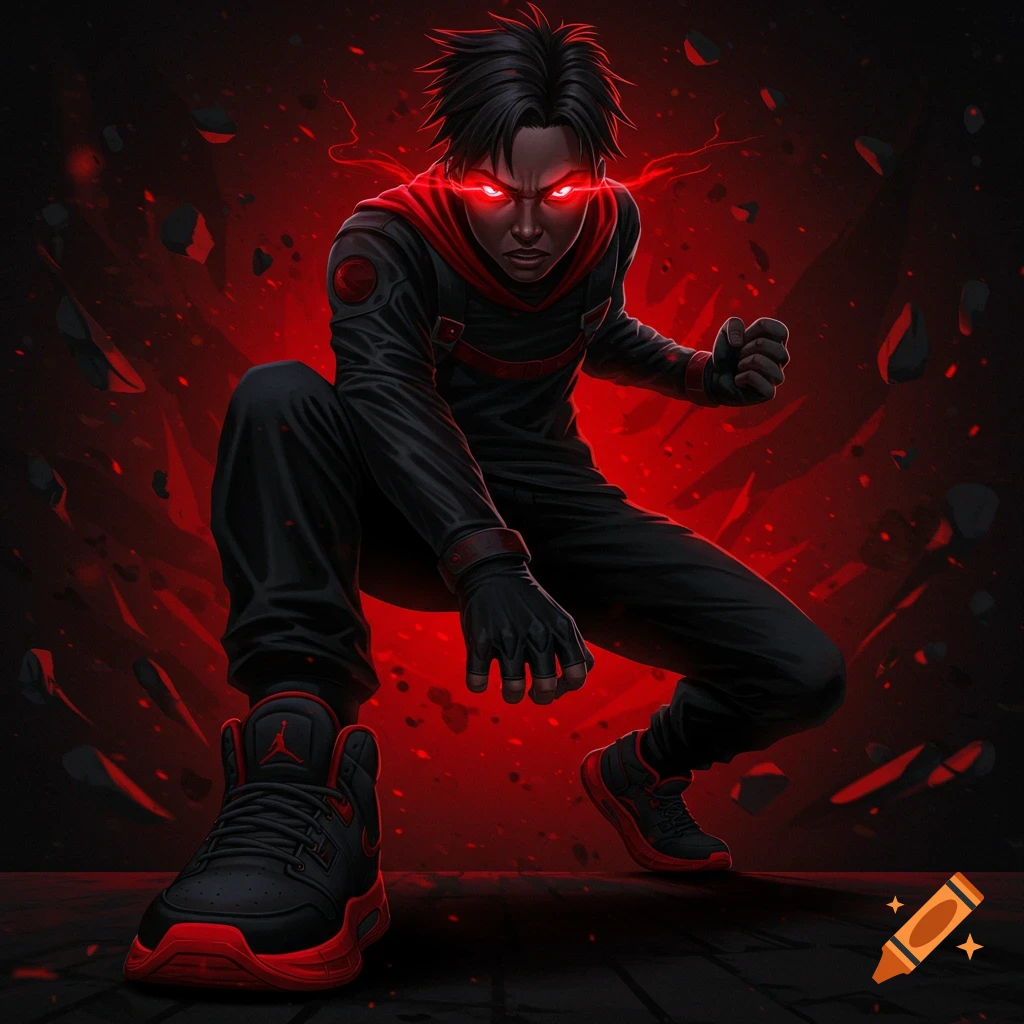 A crouching anime character with glowing red eyes, dressed in black and red, against a dark red, energetic background.