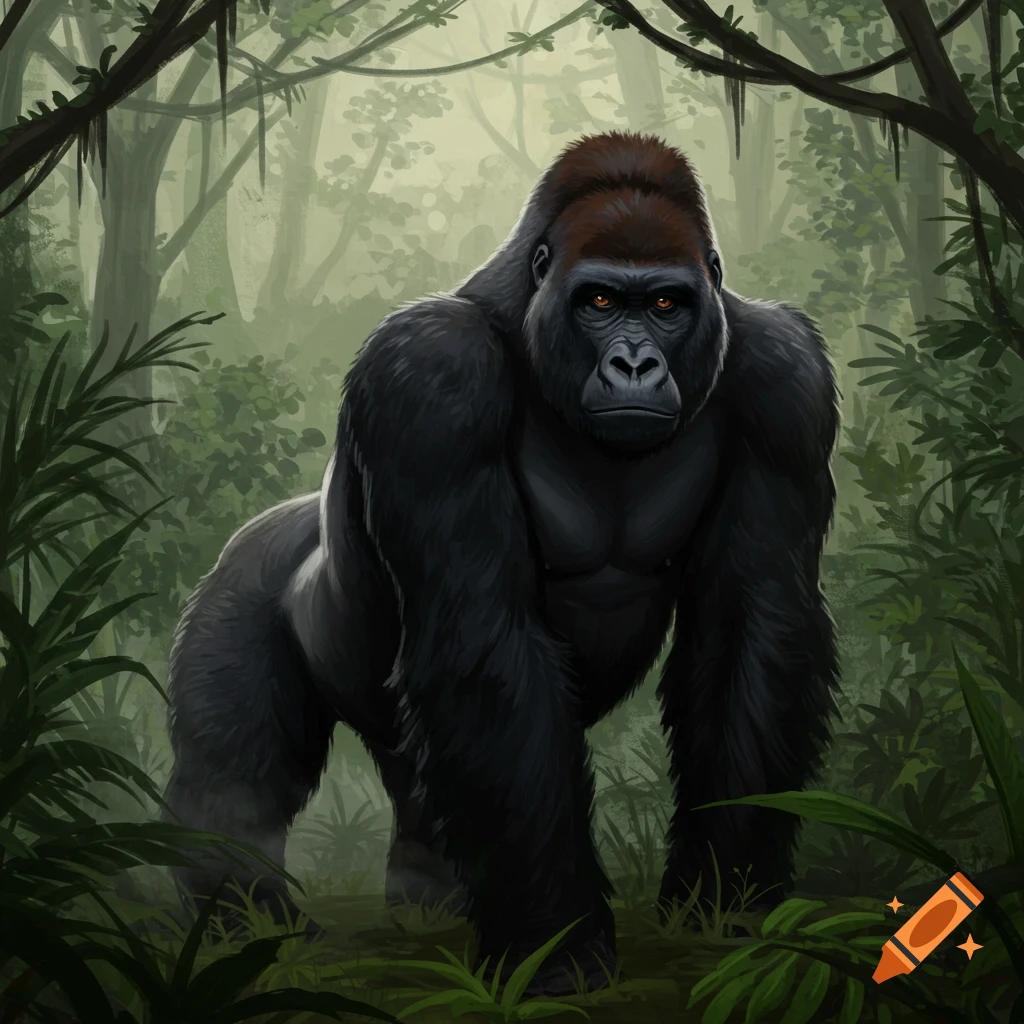 A menacing black gorilla with orange eyes stands in a lush, green jungle, depicted in a digital painting style.