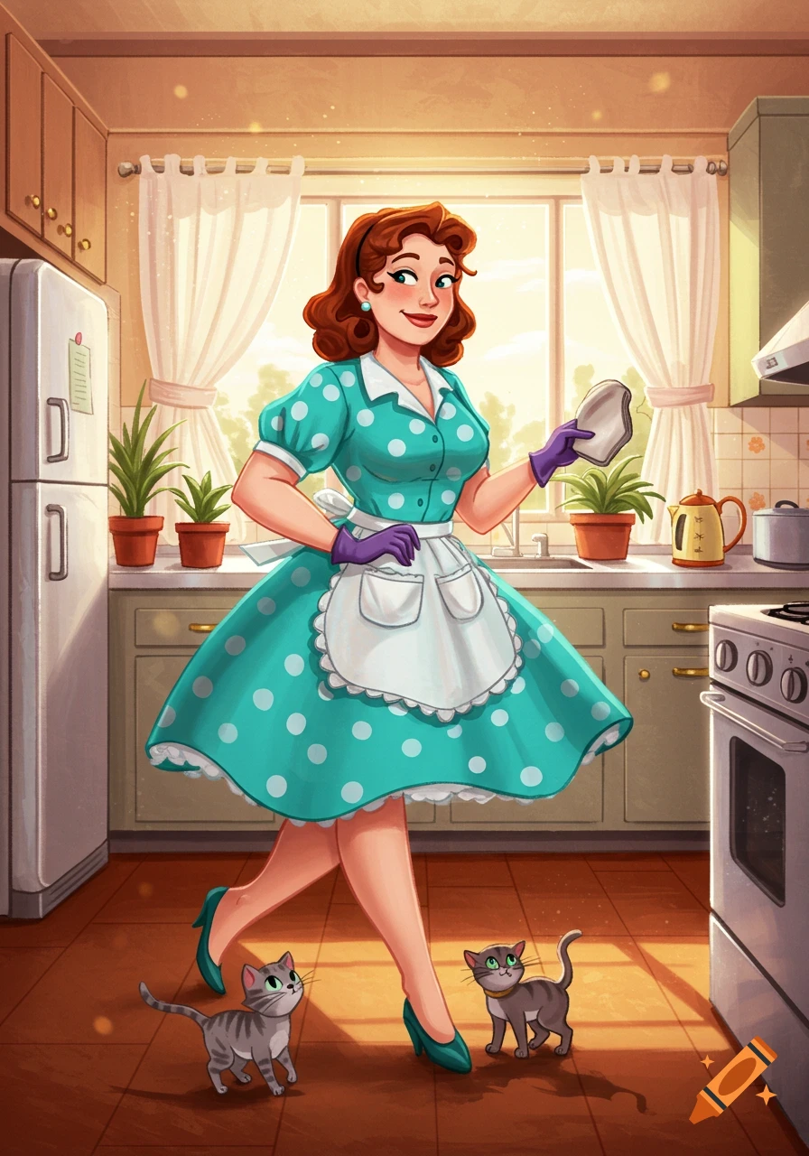 A cartoon woman in a teal polka dot dress and apron walks in a bright kitchen with two gray tabby cats.
